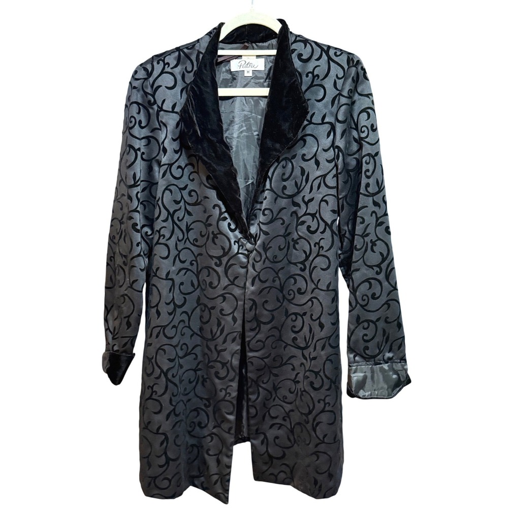Victorian Gothic Patra Black Flocked Velvet Scroll Evening Coat Sz M Witchy
